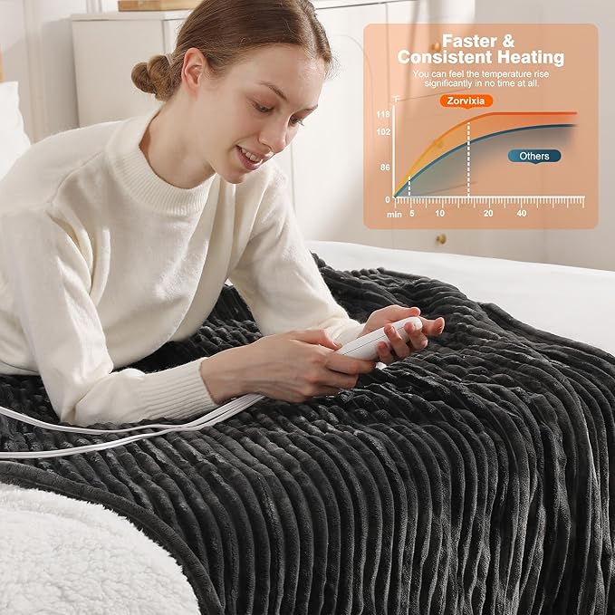 Electric Throw Heated Throw 50''x60'', Striped Flannel & Thicker Sherpa, 5 Heat Settings & 4 Hour Auto Off with FCC/ETL Certified, Overheat Protection & Machine Washable, Great Gift, Charcoal Grey