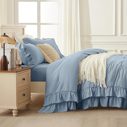Andency Twin XL Ruffle Comforter Set, 2 Pieces Shabby Chic Farmhouse Bedding Set, Lightweight Soft Comforter Set 68×92In for Girls Women (1 Comforter 1 Pillowcase), Grayish Blue