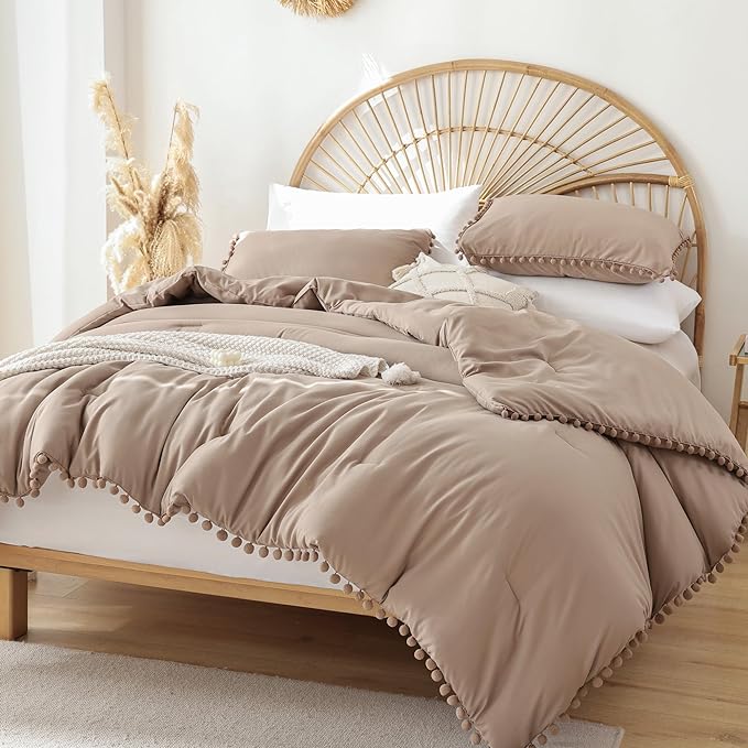 YIRDDEO Twin Comforter Set - Comforter Twin Size Bed with Ball Pom Fringe, Soft Bedding Set for All Seasons - 2 Pieces, 1 Comforter (66"x90") & 1 Pillow Sham(20"x26"), Taupe