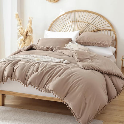 YIRDDEO Full Size Comforter Sets - Full Size Comforter with Ball Pom Fringe, Soft Bedding Set for All Seasons - 3 Pieces, 1 Comforter (79"x90") & 2 Pillow Shams(20"x26"), Taupe