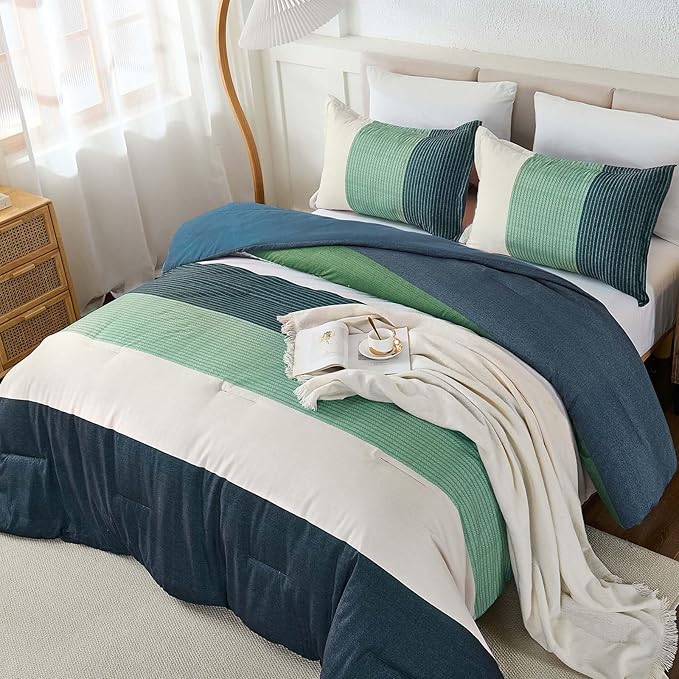 WONGS BEDDING Comforter Set Queen Size, 3 Pieces Blue Striped Patchwork Comforter for Queen Bed, Soft Microfiber Reversible Bedding Set for All Season (90"x90")