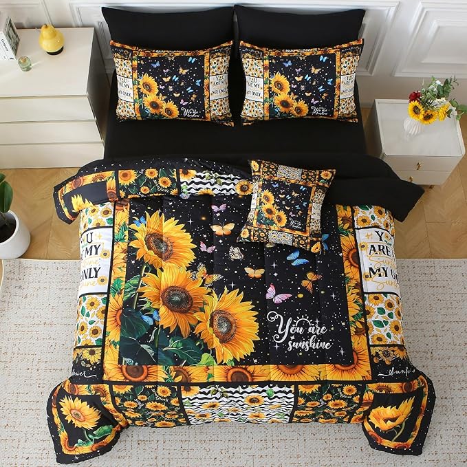 JQinHome Sunflower Comforter Set Full for Girls Women,8 Piece Bed in A Bag 3D Black Sunflower Theme Butterfly Bedding Set with Sheet Set(Black)