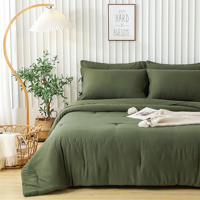 7 Piece Solid Softness King Bed Sets with Sheets and Comforter, Elegant Natural Polycotton Bed in a Bag with 16" Pocket Fitted Flat Sheet Pillow Case Lightweight All Season, Olive Green King