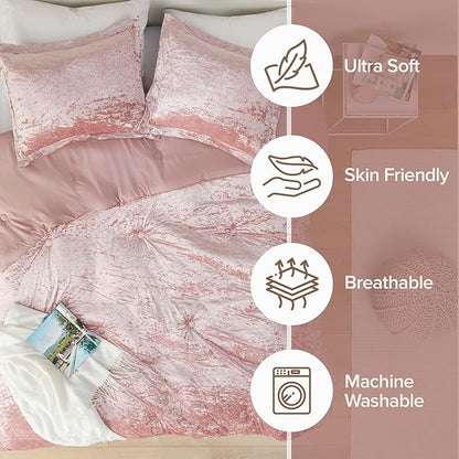 Comfort Spaces Juliette Luxe Comforter Set Velvet Lush with Soft Brushed Microfiber Reverse, All Season Cozy Velvet Bedding Sets, Fluffy Comforter Bed Set, Matching Sham, Blush King 3 Piece