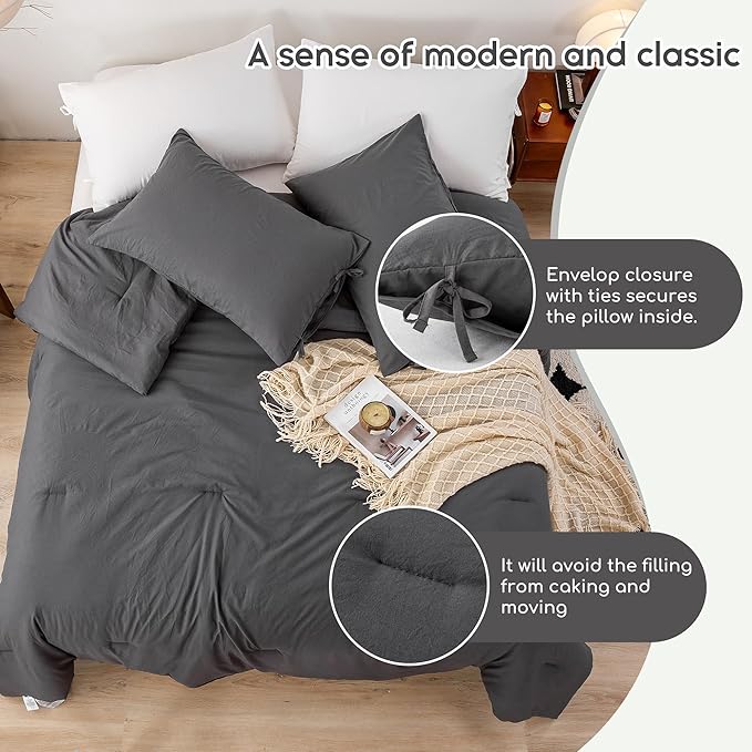 Ultra-Soft Full Size Comforter Sets - Cozy Polycotton Fabric - 1 Comfortable Down Alternative Comforter & 2 Pillowcase - All Season Lightweight but Warm Comfy Bed Blanket Quilt Dark Grey