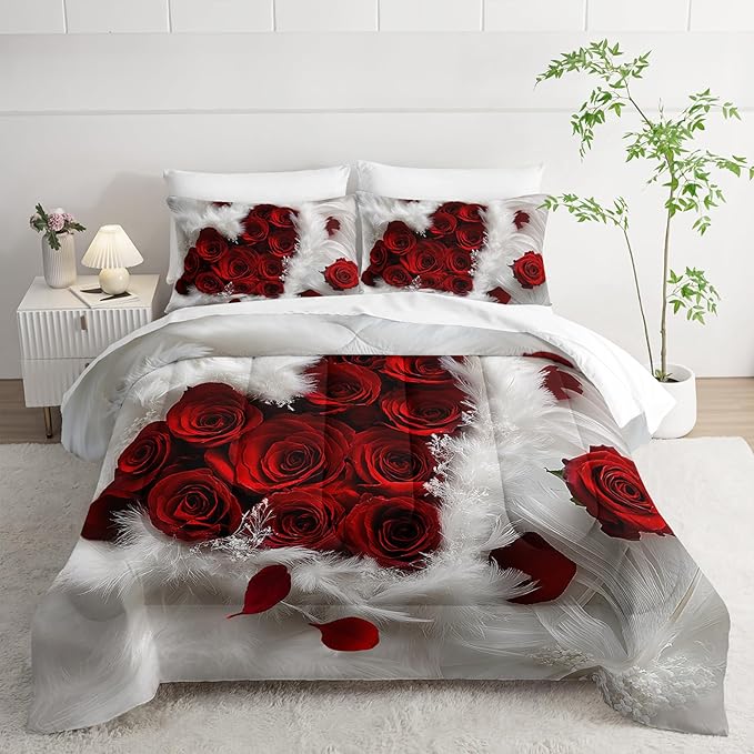 7 Piece Rose White and Red Comforter Set Queen Size Bed，Valentine’S Day Valentines Day Bedding Queen Floral，(1 Comforter, 1 Flat Sheet, 1 Fitted Sheet, 2 Pillowcase and 2 Pillow Sham)