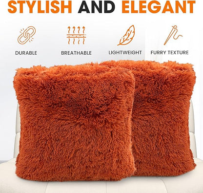 Cheer Collection Throw Pillows for Couch and Bed, Soft Shaggy Throw Pillows with Inserts Included, Cozy Long Hair Faux Fur Pillows - Set of 2-20" x 20" - Rust Orange