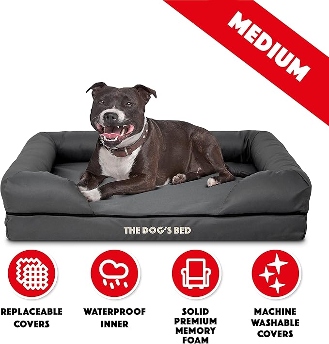 The Dog’s Bed Orthopedic Memory Foam Dog Bed with Bolsters, Oxford Fabric, Grey with Black Trim, M