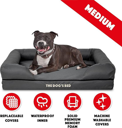The Dog’s Bed Orthopedic Memory Foam Dog Bed with Bolsters, Oxford Fabric, Grey with Black Trim, M