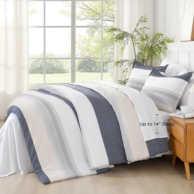 Andency Full Size Comforter Set Yellow Blue - 7 Pieces Blue Striped Lightweight Bed in a Bag, Soft Microfiber Reversible Bedding Set with Comforter, Fitted & Flat Sheet, Pillowcases & Shams
