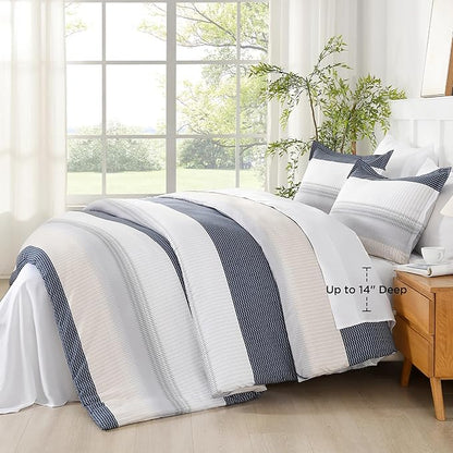 Andency King Size Comforter Set Yellow Blue - 7 Pieces Blue Striped Lightweight Bed in a Bag, Soft Microfiber Reversible Bedding Set with Comforter, Fitted & Flat Sheet, Pillowcases & Shams