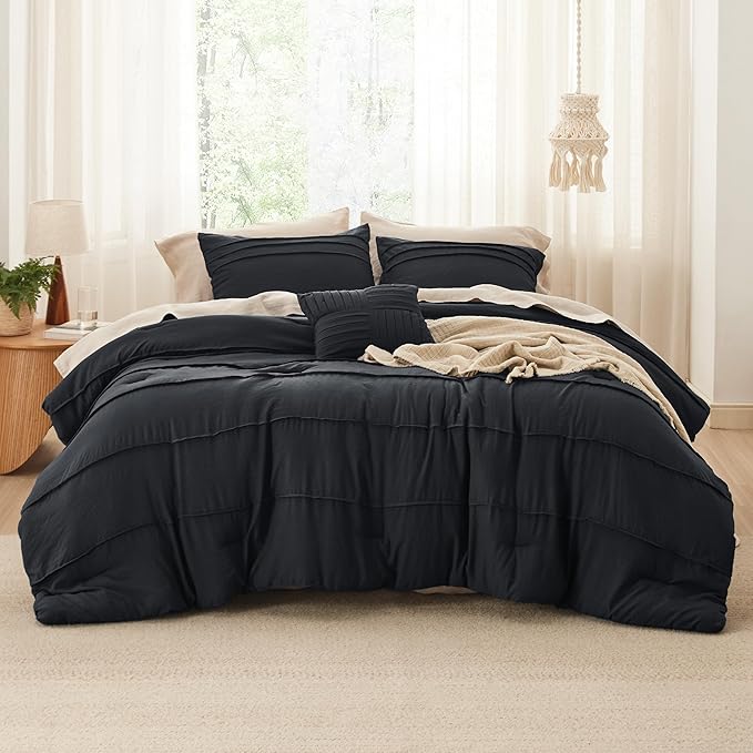 Bedsure Queen Comforter Set - 4 Pieces Pinch Pleat Bed Set, Black Boho Bedding for All Season, 1 Soft Comforter, 2 Pillowcases, 1 Decorative Pillow
