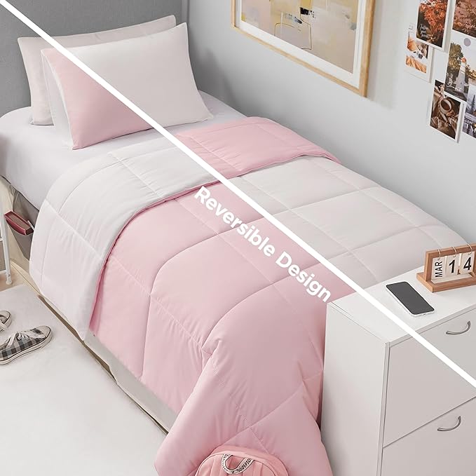 Reversible Box Stitch Comforter Set, 3-Piece Full/Queen – Light Pink/White– Stylish Bedding Set