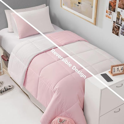 Reversible Box Stitch Comforter Set, 3-Piece Full/Queen – Light Pink/White– Stylish Bedding Set