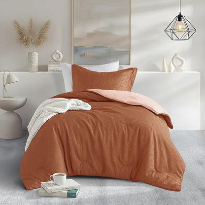 Twin/Twin XL Size Comforter Set, Lightweight Burnt Orange Soft Bedding for All Seasons, 2 Pieces Chambray Print Solid Farmhouse Bed Set, Comforter & Sham