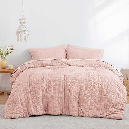 Love's cabin Seersucker Pink King Size Comforter Set, 7-Piece All Season Lightweight Bed in a Bag Bedding Set with Comforter, Flat Sheet, Fitted Sheet, Pillowcases and Shams | Soft, Breathable, Lightweight