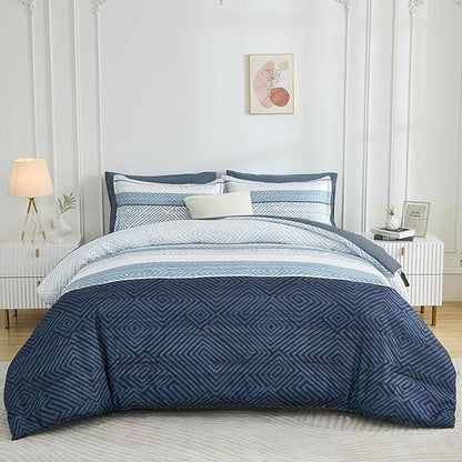 Drucon Comforter Set King Size 7 Piece Bed in a Bag Boho Blue Striped Bedding Set Soft Microfiber Comforter and Sheet Set for All Season (King, 104"x90")
