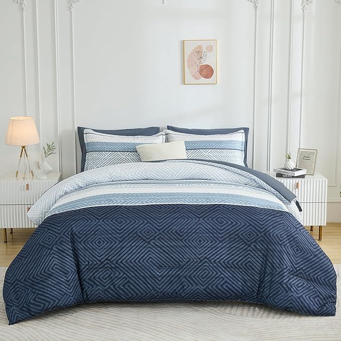 Drucon Comforter Set California King Size 7 Piece Bed in a Bag Boho Blue Striped Bedding Set Soft Microfiber Comforter and Sheet Set for All Season (Cal King, 104"x96")