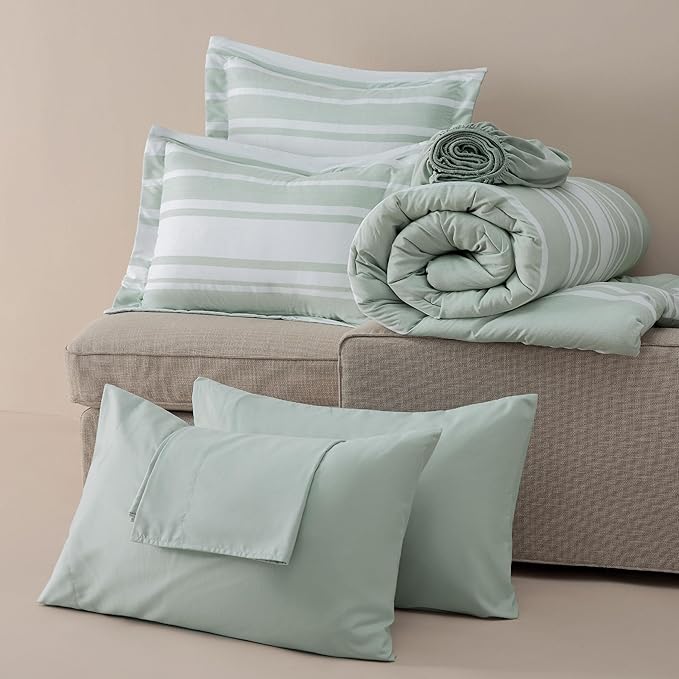 Bedsure Queen Comforter Set 7 Pieces, Sage Green Striped Bedding Set for All Seasons, Reversible, Cationic Dyeing Bed in a Bag with Comforter, Sheets, Pillowcases & Shams
