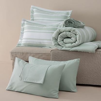 Bedsure Full Comforter Set 7 Pieces, Sage Green Striped Bedding Set for All Seasons, Reversible, Cationic Dyeing Bed in a Bag with Comforter, Sheets, Pillowcases & Shams