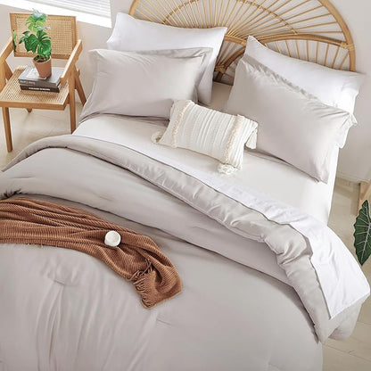 weigelia Queen Comforter Set 7 Pieces Bed Comforter Linen Grey Comforter Queen Size Bed in a Bag Queen Bedding Set with Fitted Sheets, Flat Sheets, Pillow Shams, and Pillowcases