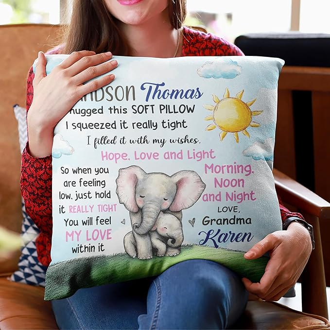 Hyturtle Personalized Grandson Pillow (Insert Included) Gifts from Grandma - Birthday Graduation for Grandson - Elephant Custom Name Sofa Couch Cushion Home Decor Pillow