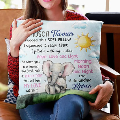 Hyturtle Personalized Grandson Pillow (Insert Included) Gifts from Grandma - Birthday Graduation for Grandson - Elephant Custom Name Sofa Couch Cushion Home Decor Pillow