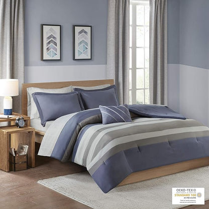 Intelligent Design Marsden Comforter Stripes Design Embroidered Toss Pillow Casual All Season Bedding Matching Sham and Complete Sheet Set, Full, Blue/Grey 8 Piece