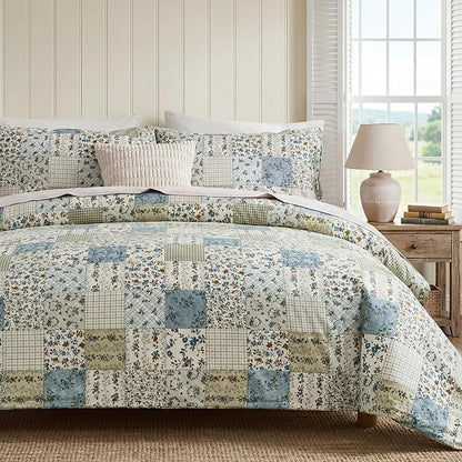 Vintage Floral Comforter Set Queen 100% Cotton Blue Patchwork Bedding Comforter Sets All Season 3 Pieces Shabby Chic Breathable Soft Comforter(Blue Patchwork, Queen)