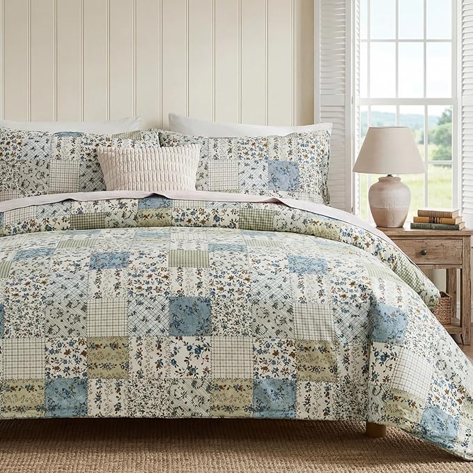 Vintage Floral Comforter Set King 100% Cotton Blue Patchwork Bedding Comforter Sets All Season 3 Pieces Shabby Chic Breathable Soft Comforter(Blue Patchwork, King)