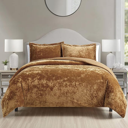 Luxury Velvet Queen Size Comforter Set, 3 Pieces Reversible Brushed Solid Microfiber Back, All Season Cozy, Soft, Warm(Caramel Gold,90x90 in)