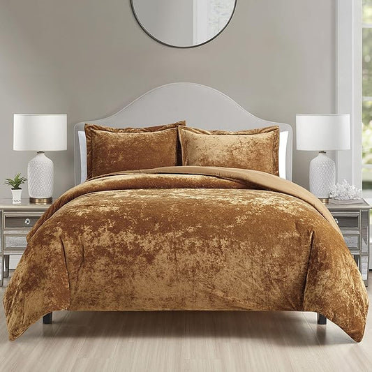 Luxury Velvet Queen Size Comforter Set, 3 Pieces Reversible Brushed Solid Microfiber Back, All Season Cozy, Soft, Warm(Caramel Gold,90x90 in)