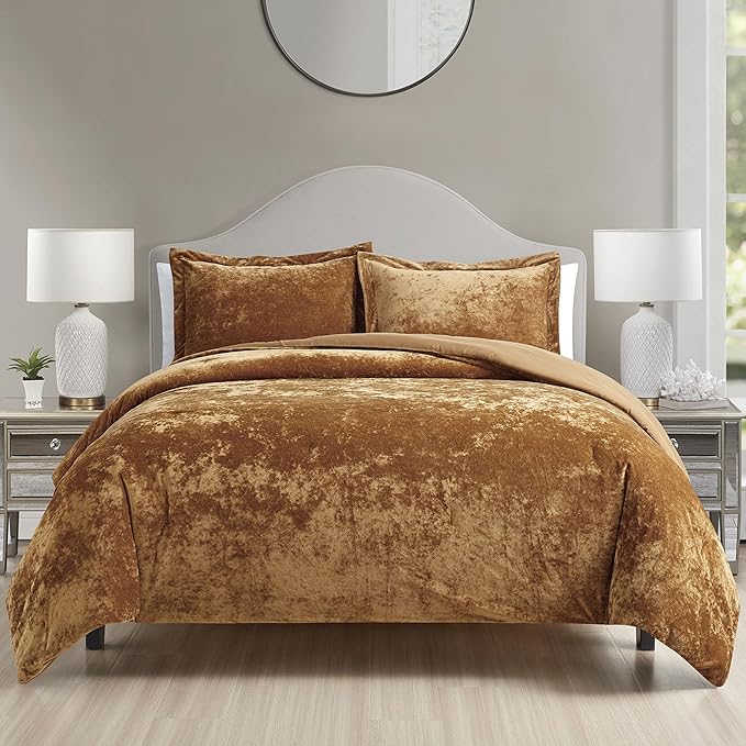 Luxury Velvet King Size Comforter Set, 3 Pieces Reversible Brushed Solid Microfiber Back, All Season Cozy, Soft, Warm(Caramel Gold,104x90 in)