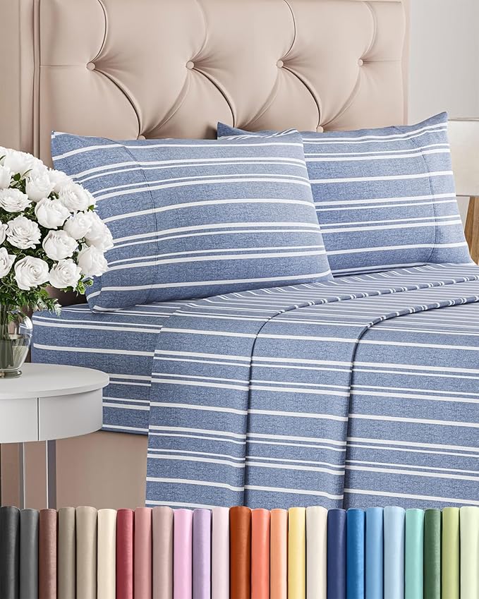 Twin XL 4 Piece Sheet Set - Comfy Breathable & Cooling - Soft Hotel Luxury Bedding Set with 8-16 Inch Deep Pockets - 1 Flat & 1 Fitted Sheet & 2 Pillowcases - Wrinkle Free & Easy Care - Blue Stripes 3