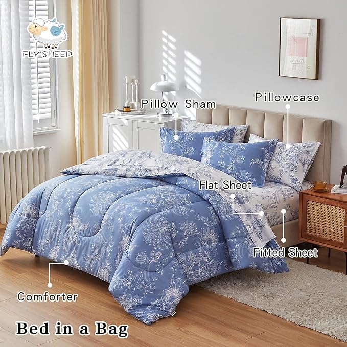 Flysheep Botanical Bed in a Bag Twin Size 6 Pieces, Reversible Blue and White Flower Printed Comforter Bedding Set (1 Comforter, 1 Flat Sheet, 1 Fitted Sheet, 2 Pillow Shams and 1 Pillowcase)