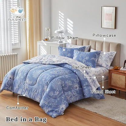 Flysheep Botanical Bed in a Bag Twin Size 6 Pieces, Reversible Blue and White Flower Printed Comforter Bedding Set (1 Comforter, 1 Flat Sheet, 1 Fitted Sheet, 2 Pillow Shams and 1 Pillowcase)