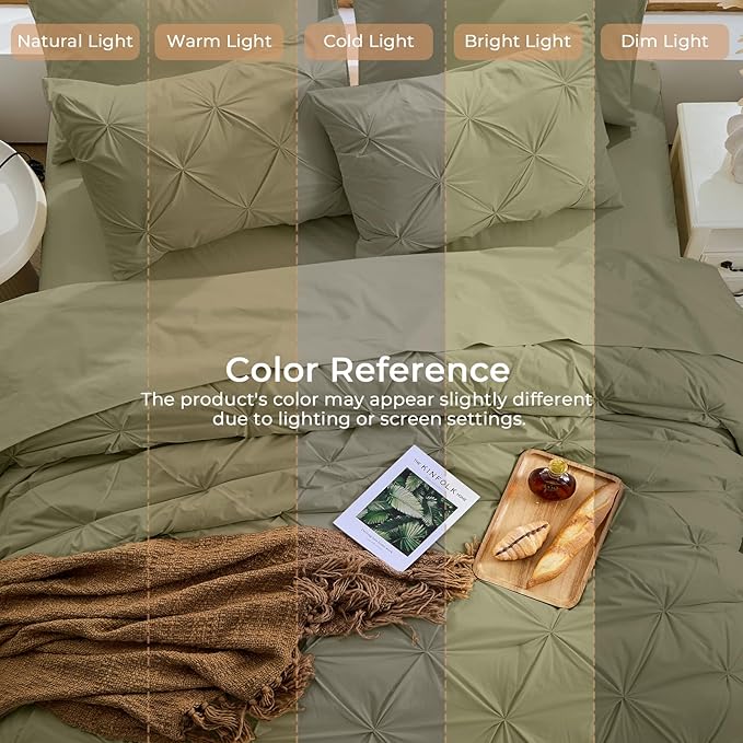 Sasttie Queen Comforter Set, 7-Piece Bed in a Bag, Pintuck Bedding Sets for All Season, Includes Comforter, Flat Sheet, Fitted Sheet, Pillowcases and Pillowshams, Olive Green