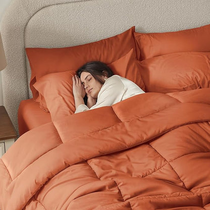 SunStyle Home Burnt Orange Full/Queen Comforter Set - 7 Pieces Bed in a Bag, Lightweight Goose Down Alternative Bedding Sets with All Season Comforter, 1 Flat Sheet, 1 Fitted Sheet, 4 Pillowcases