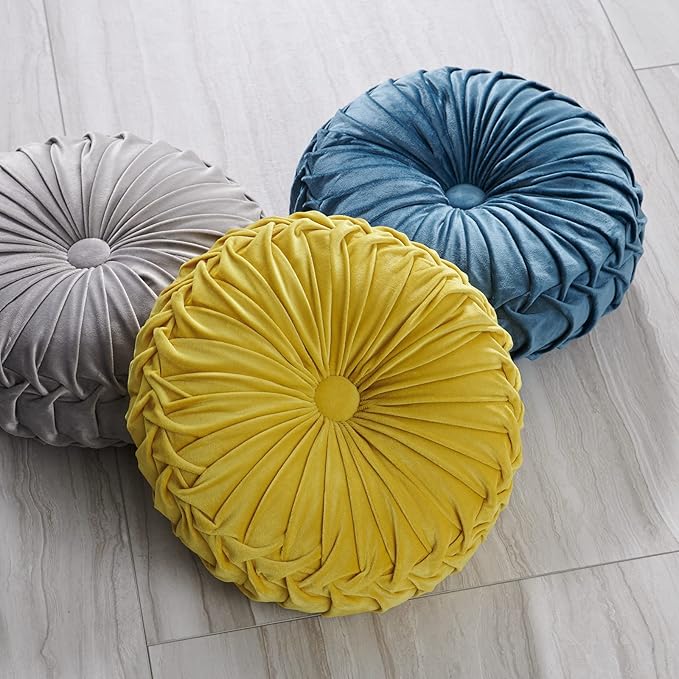 Round Throw Pillow Velvet Home Decoration Soft Pleated Pumpkin Round Floor Cushion for Couch Chair Bed Car Decorative (Orange14inch)