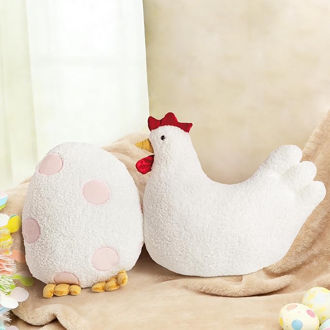 AELS Easter Egg & Chicken Shaped Throw Pillows, Set of 2, Easter Egg and Rooster Decorative Pillows, Spring Easter Decor for Sofa Couch Living Room Bedroom Nursery, White