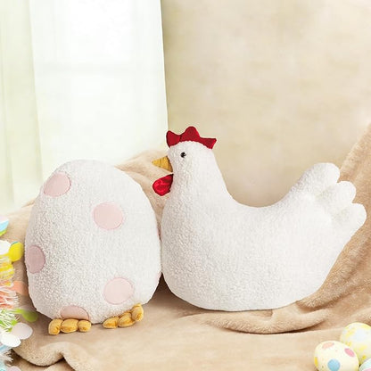 AELS Easter Egg & Chicken Shaped Throw Pillows, Set of 2, Easter Egg and Rooster Decorative Pillows, Spring Easter Decor for Sofa Couch Living Room Bedroom Nursery, White