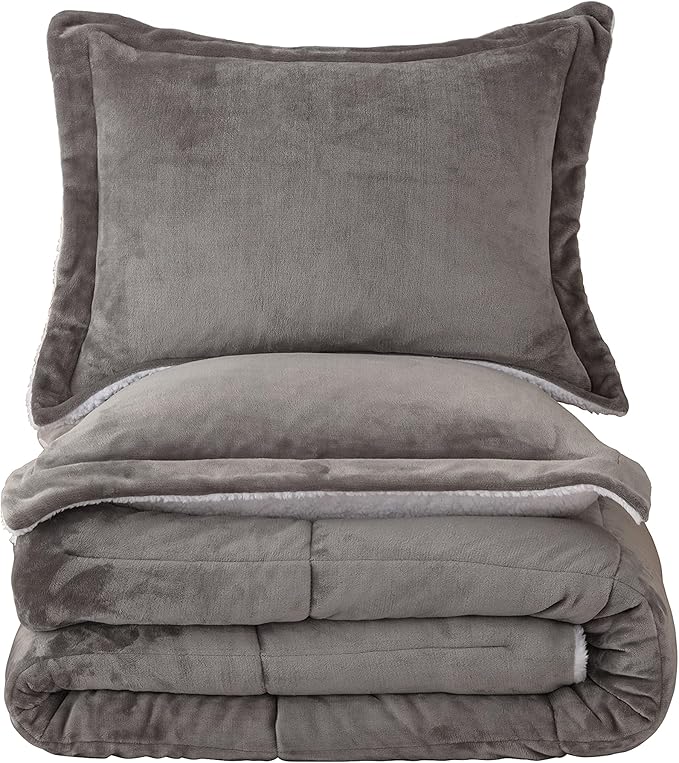 Seward Park Ultra Soft Sherpa Comforter Set Full Queen, Fall Winter All Season Down Alternative Bedding Sets Grey 3 Piece (1 Comforter and 2 Pillow Shams)