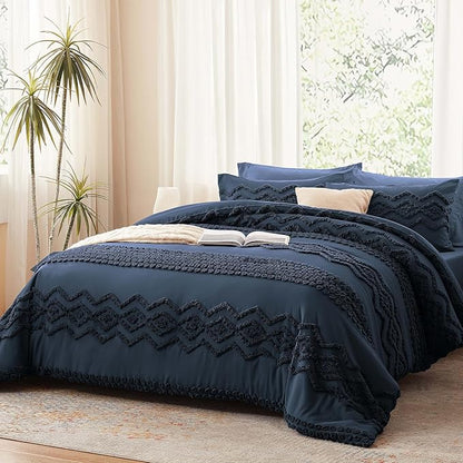 Luxudecor Navy Blue Boho Tufted Comforter Set Queen Size 3 Pieces Boho Shabby Chic Comforter Farmhouse Embroidery Bedding Set Soft Comforter for All Seasons (Navy Blue, 90''x90'')