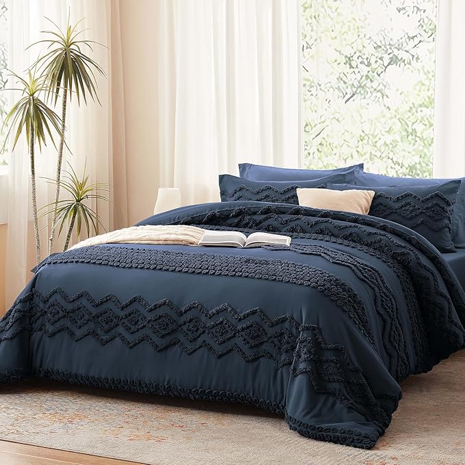 Luxudecor Navy Blue Boho Tufted Comforter Set King Size 3 Pieces Boho Shabby Chic Comforter Farmhouse Embroidery Bedding Set Soft Comforter for All Seasons (Navy Blue, 104''x90'')