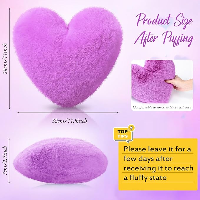 9 Pcs Purple Series Heart Pillow Faux Rabbit Fur Fluffy Love Heart Throw Pillows Cute Decorative Soft Throw Cushion Gift for Women Couch Bed Sofa Chair Home 11 in