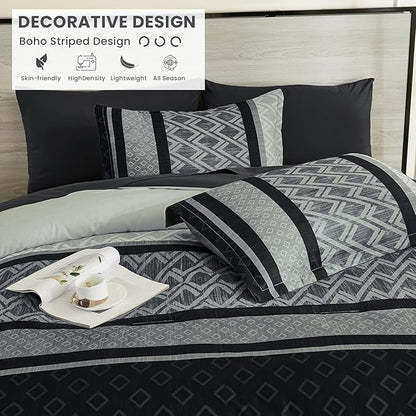 Cottolester Boho Comforter Set Queen Size,Black Gray Striped Bed in a Bag,7 Piece Plaid Comforter and Sheet Set,Soft Microfiber Complete Bedding Sets
