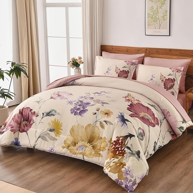 DJY 7 Pieces King Floral Comforter Set, Cream & Blush Botanical Bed in a Bag, Soft Microfiber Comforter and Sheet Set with Flower Leaves Pattern, Floral Bedding Set for All Season(104''x90'')