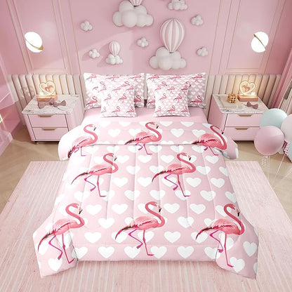 Erosebridal Flamingo Love Hearts Girls Pink Full Comforter Set 7 Pieces | Kawaii White Animal Bed in A Bag for Bedroom Wildlife Safari Romantic Bedding Set with Comforters Kids Teens Women Room Decor
