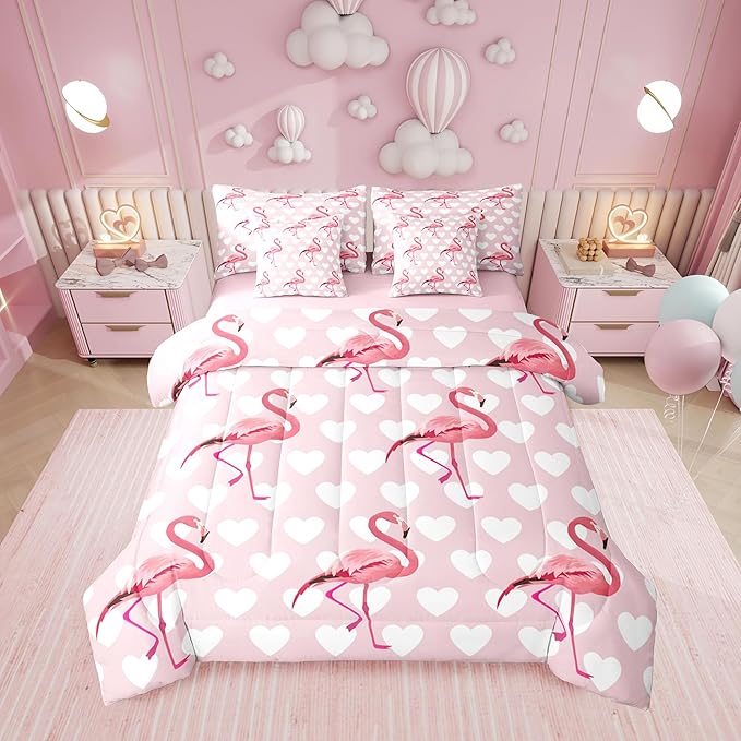 Erosebridal Flamingo Love Hearts Girls Pink 7 Piece Bedding Set Twin | Kawaii White Cute Animal Comforter Set with Sheets Tropical Wildlife Safari Romantic Bed in A Bag Kids Teens Women Bed Sets