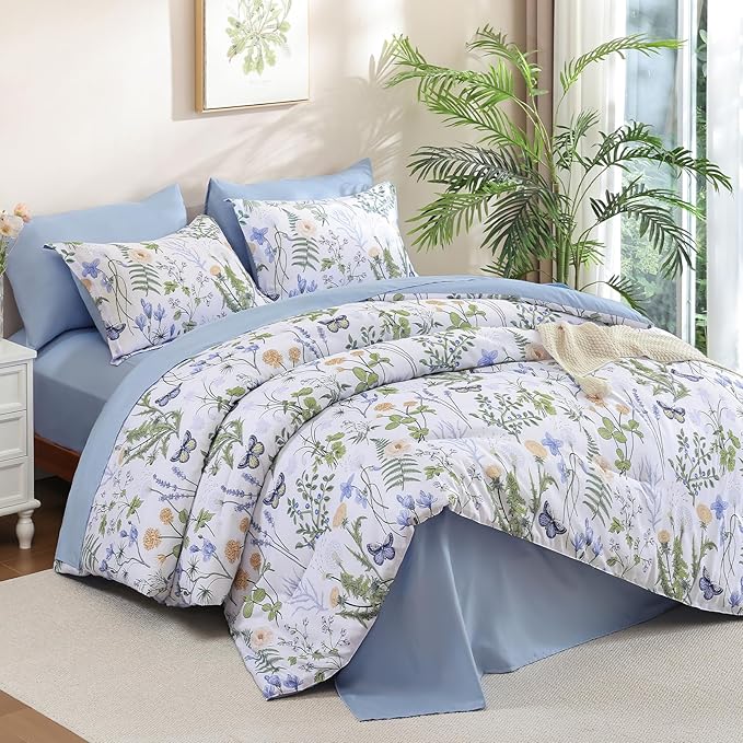Yiran Queen Comforter Set, 7 Pieces Blue White Floral Soft Bedding Sets, Queen Bed in a Bag with Botanical Flowers All Season Comforter, Sheets, Pillowcases & Shams